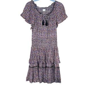 Patrons of Peace Women’s Ditty Floral Tiered Knee Length Dress with Smocking S